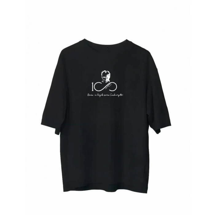 Biçomi Unisex Bisiklet Yaka Baskılı Oversize T-Shirt - Siyah