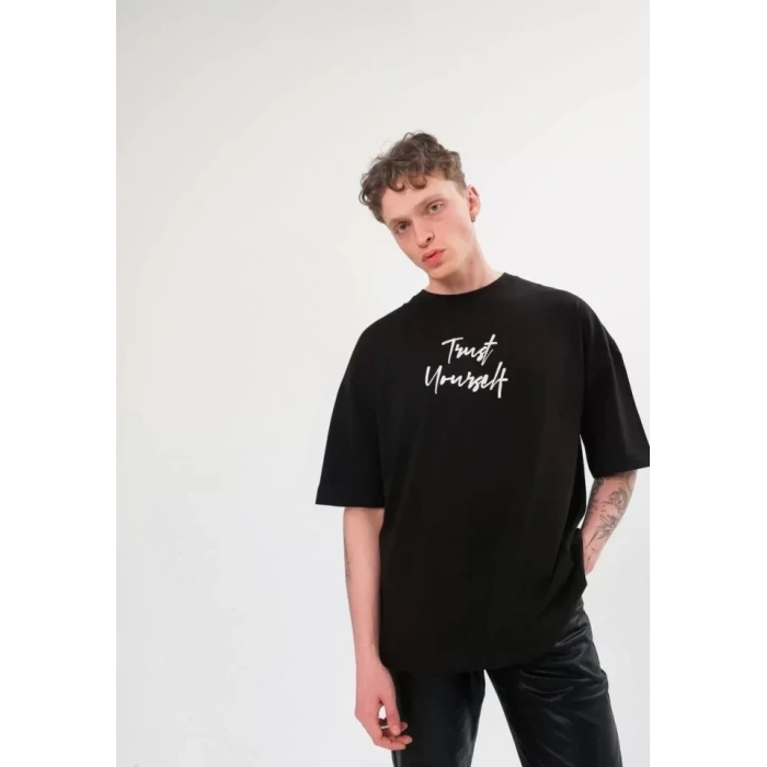 Biçomi Unisex Bisiklet Yaka Baskılı Oversize T-Shirt - Siyah