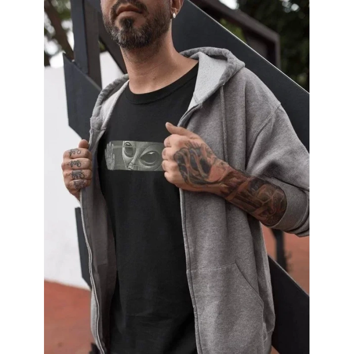 Biçomi Unisex Bisiklet Yaka Baskılı Oversize T-Shirt - Siyah