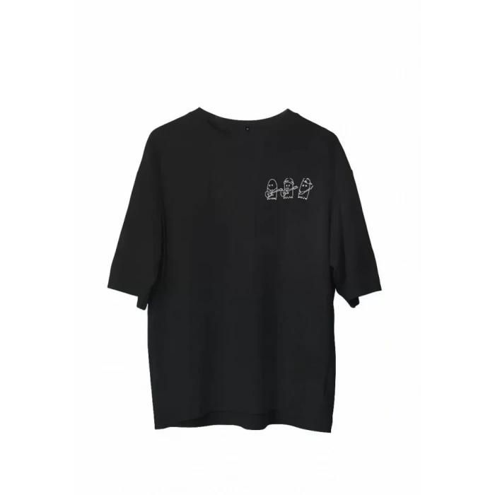 Biçomi Unisex Bisiklet Yaka Baskılı Oversize T-Shirt - Siyah