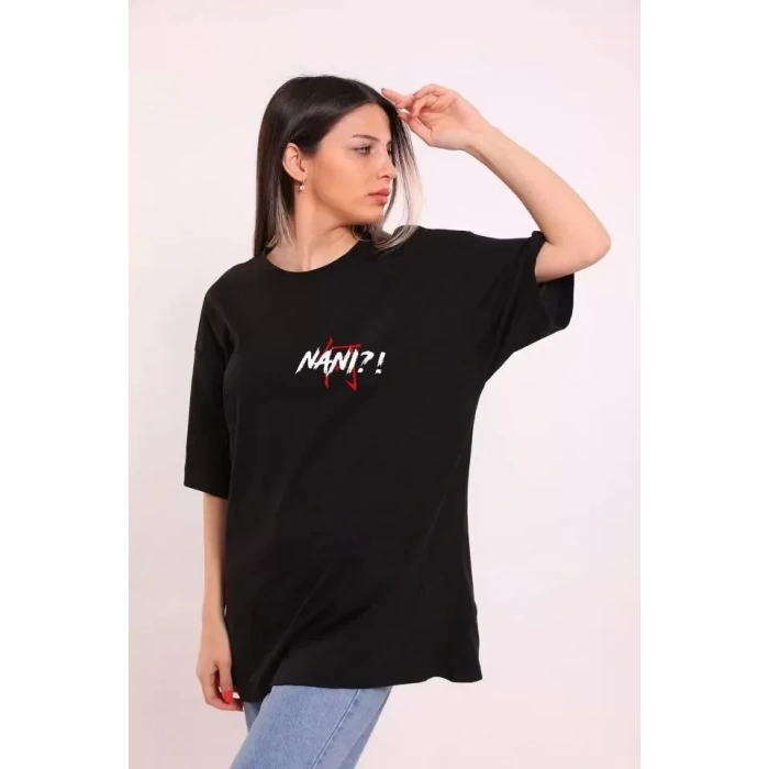Biçomi Unisex Bisiklet Yaka Baskılı Oversize T-Shirt - Siyah