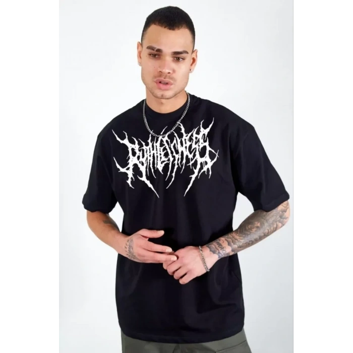 Biçomi Unisex Bisiklet Yaka Baskılı Oversize T-Shirt - Siyah