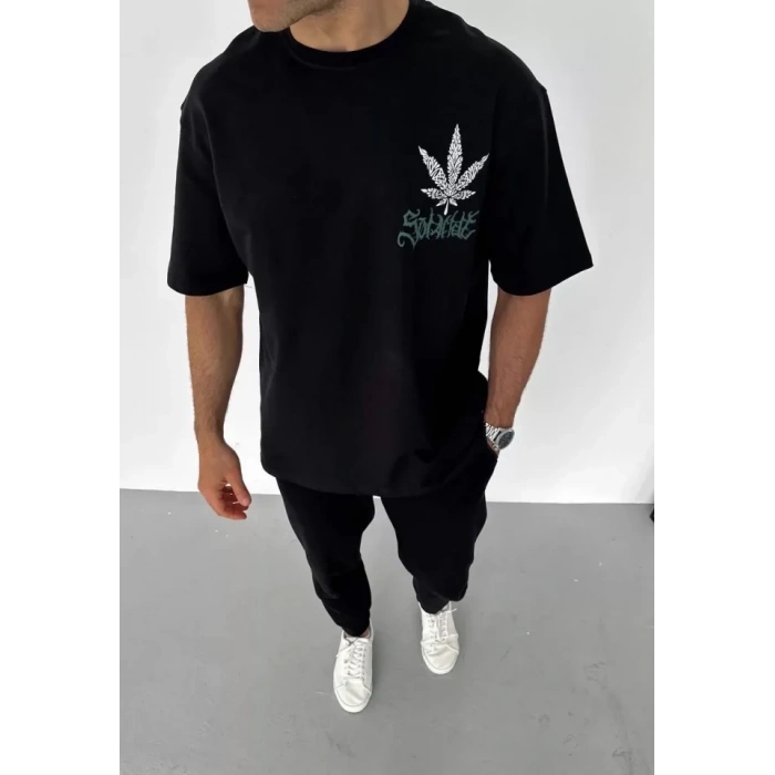 Biçomi Unisex Bisiklet Yaka Baskılı Oversize T-Shirt - Siyah