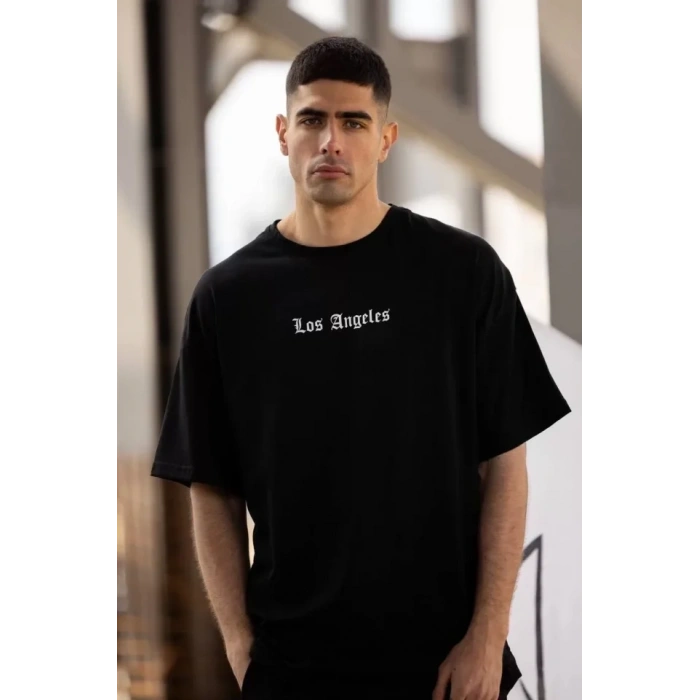 Biçomi Unisex Bisiklet Yaka Baskılı Oversize T-Shirt - Siyah