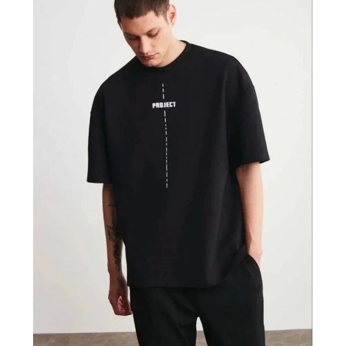 Biçomi Unisex Bisiklet Yaka Baskılı Oversize T-Shirt - Siyah