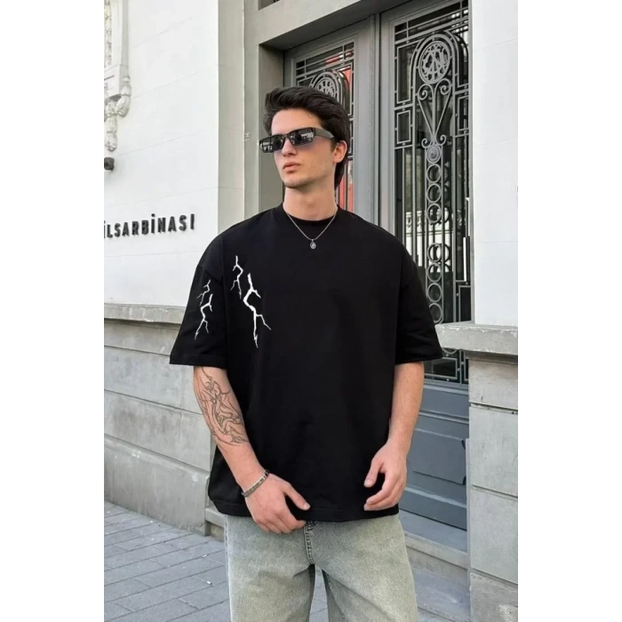 Biçomi Unisex Bisiklet Yaka Baskılı Oversize T-Shirt - Siyah