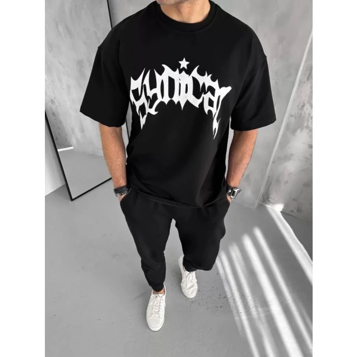 Biçomi Unisex Bisiklet Yaka Baskılı Oversize T-Shirt - Siyah