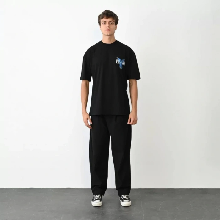 Biçomi Unisex Bisiklet Yaka Baskılı Oversize T-Shirt - Siyah