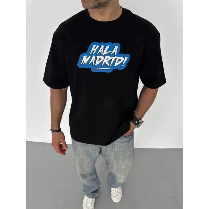 Biçomi Unisex Bisiklet Yaka Baskılı Oversize T-Shirt - Siyah