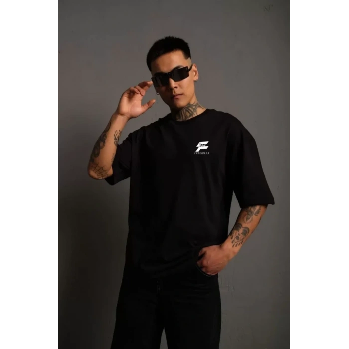 Biçomi Unisex Bisiklet Yaka Baskılı Oversize T-Shirt - Siyah