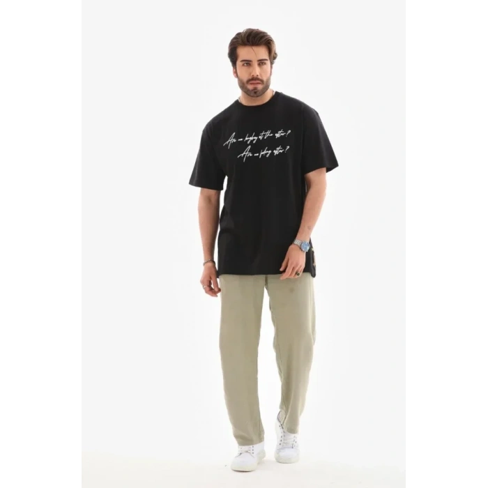 Biçomi Unisex Bisiklet Yaka Baskılı Oversize T-Shirt - Siyah
