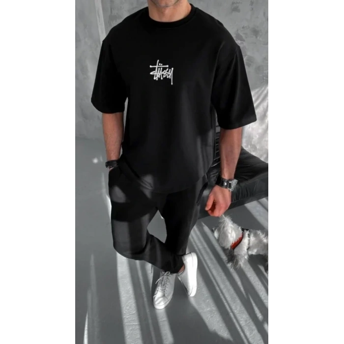 Biçomi Unisex Bisiklet Yaka Baskılı Oversize T-Shirt - Siyah
