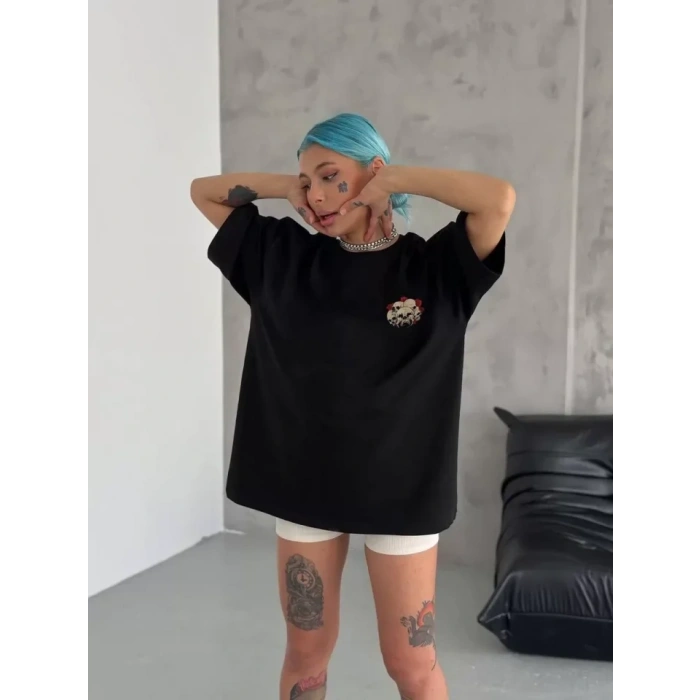 Biçomi Unisex Bisiklet Yaka Baskılı Oversize T-Shirt - Siyah