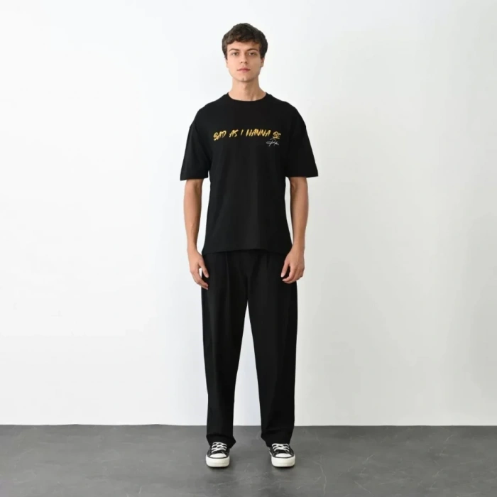 Biçomi Unisex Bisiklet Yaka Baskılı Oversize T-Shirt - Siyah