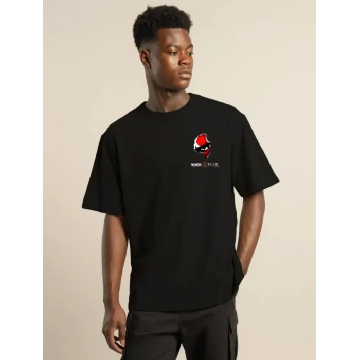 Biçomi Unisex Bisiklet Yaka Baskılı Oversize T-Shirt - Siyah
