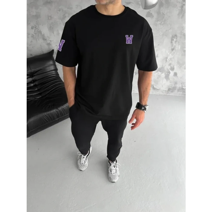 Biçomi Unisex Bisiklet Yaka Baskılı Oversize T-Shirt - Siyah
