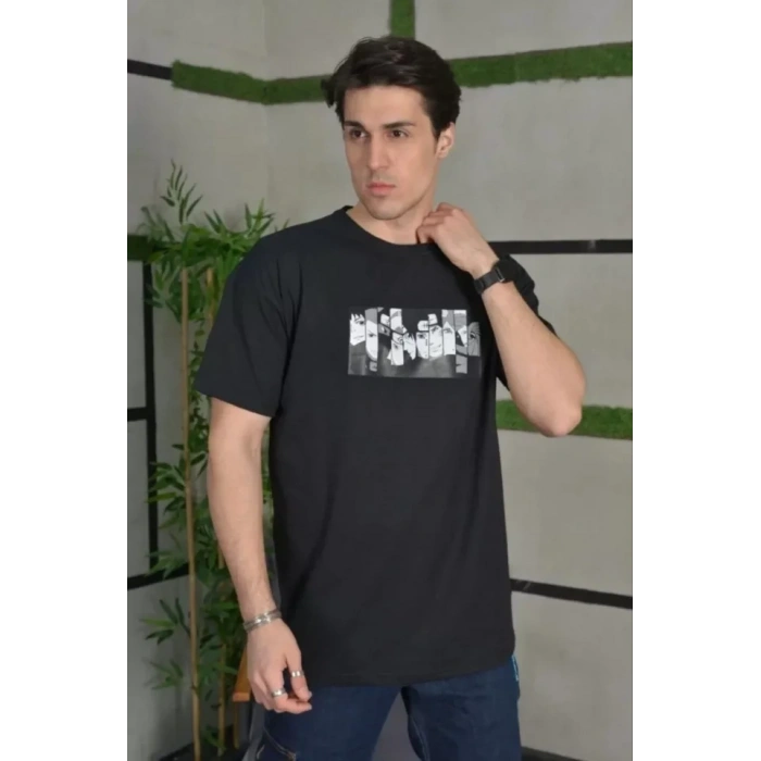 Biçomi Unisex Bisiklet Yaka Baskılı Oversize T-Shirt - Siyah