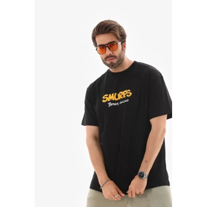Biçomi Unisex Bisiklet Yaka Baskılı Oversize T-Shirt - Siyah