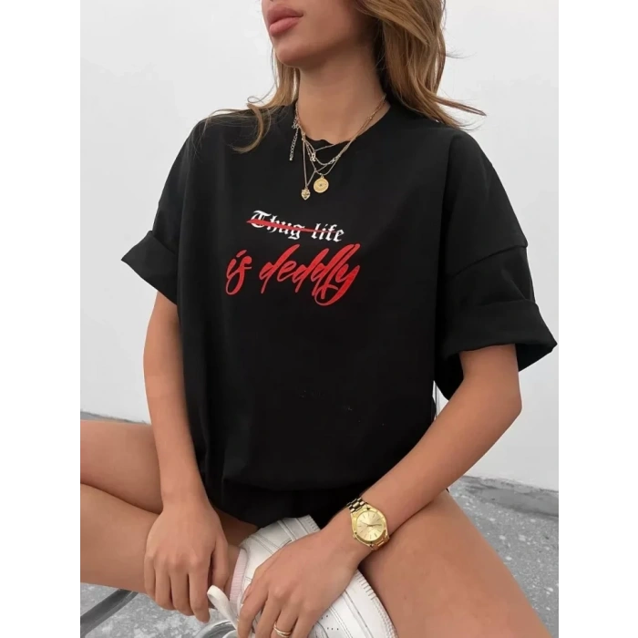Biçomi Unisex Bisiklet Yaka Baskılı Oversize T-Shirt - Siyah