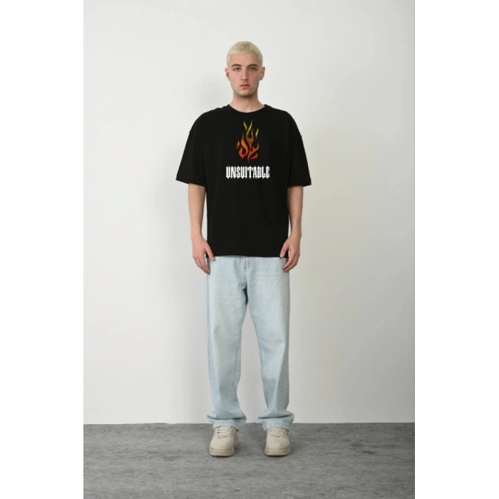 Biçomi Unisex Bisiklet Yaka Baskılı Oversize T-Shirt - Siyah