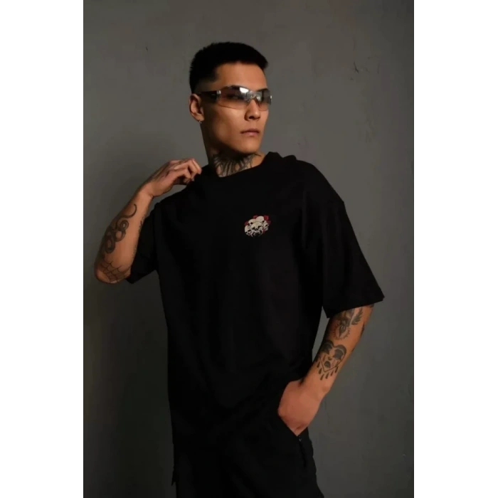 Biçomi Unisex Bisiklet Yaka Baskılı Oversize T-Shirt - Siyah