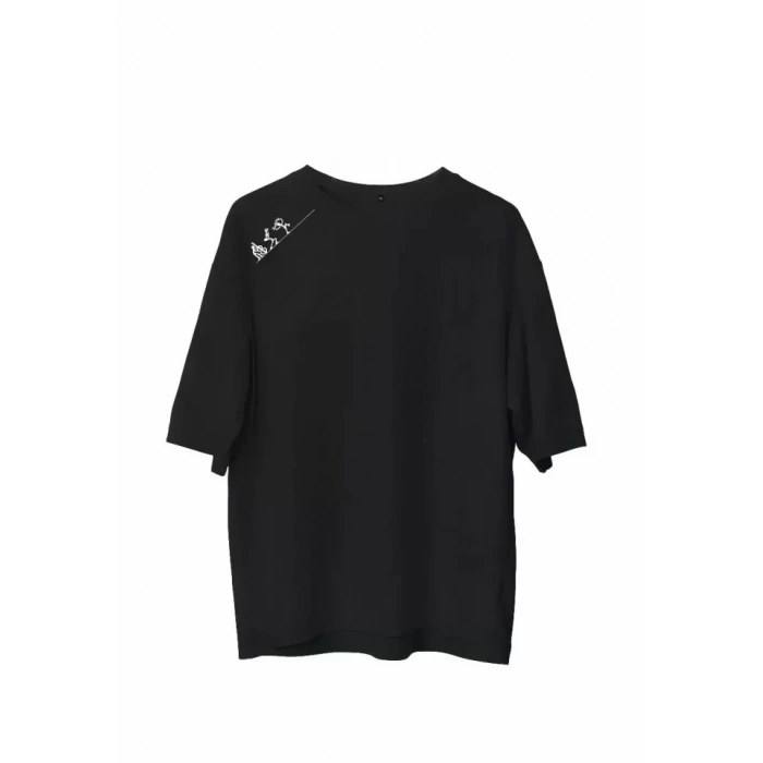 Biçomi Unisex Bisiklet Yaka Baskılı Oversize T-Shirt - Siyah