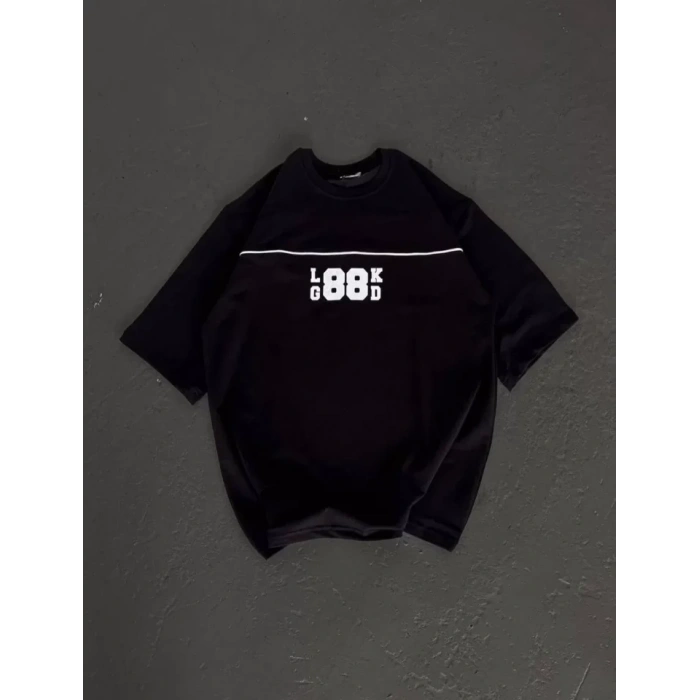 Biçomi Unisex Bisiklet Yaka Baskılı Oversize T-Shirt - Siyah