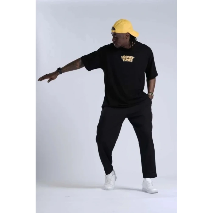 Biçomi Unisex Bisiklet Yaka Baskılı Oversize T-Shirt - Siyah