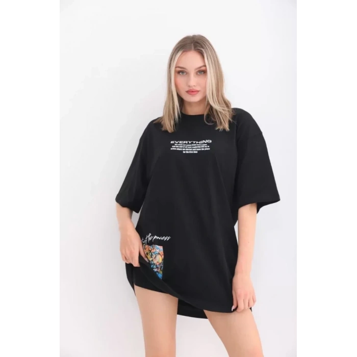 Biçomi Unisex Bisiklet Yaka Baskılı Oversize T-Shirt - Siyah