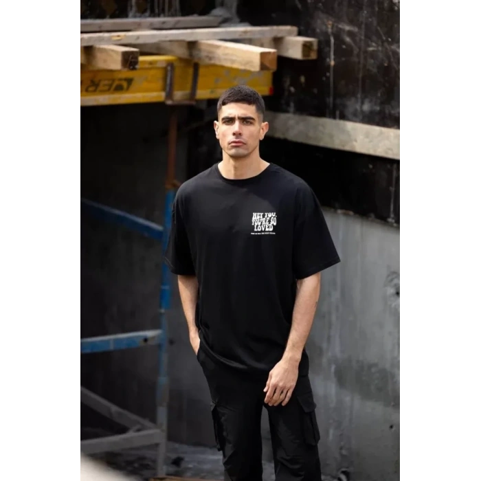 Biçomi Unisex Bisiklet Yaka Baskılı Oversize T-Shirt - Siyah