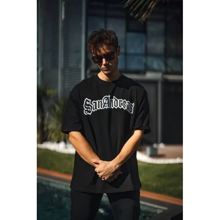 Biçomi Unisex Bisiklet Yaka Baskılı Oversize T-Shirt - Siyah