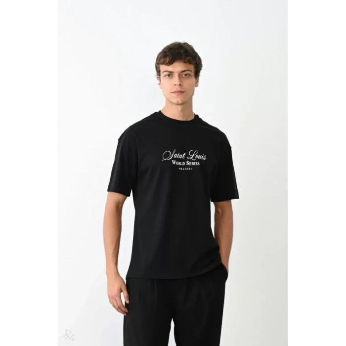 Biçomi Unisex Bisiklet Yaka Baskılı Oversize T-Shirt - Siyah