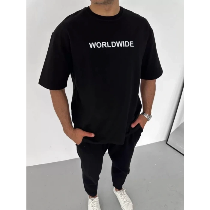 Biçomi Unisex Bisiklet Yaka Baskılı Oversize T-Shirt - Siyah