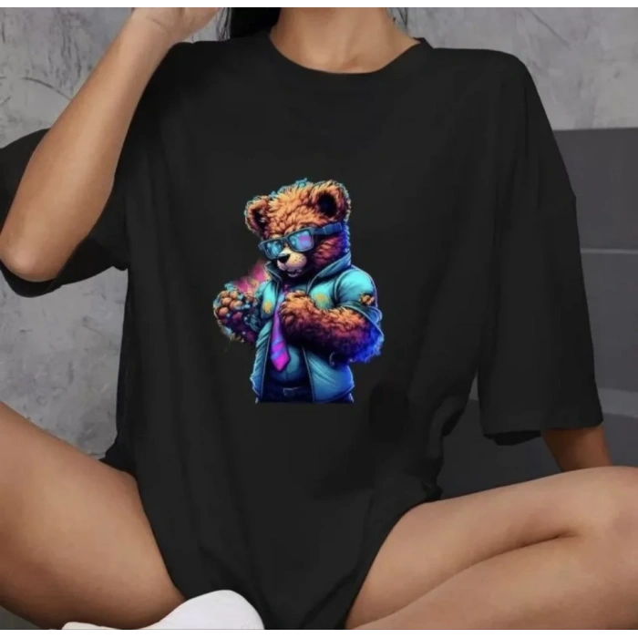 Biçomi Unisex Bisiklet Yaka Baskılı Oversize T-Shirt - Siyah