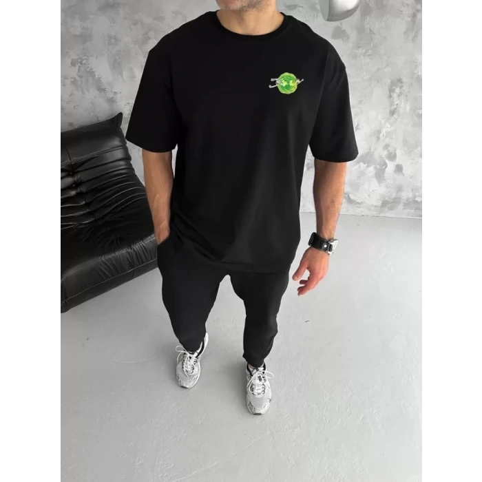 Biçomi Unisex Bisiklet Yaka Baskılı Oversize T-Shirt - Siyah