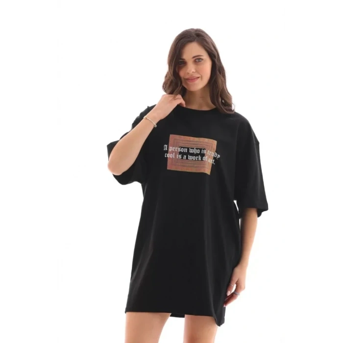 Biçomi Unisex Bisiklet Yaka Baskılı Oversize T-Shirt - Siyah