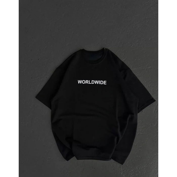 Biçomi Unisex Bisiklet Yaka Baskılı Oversize T-Shirt - Siyah