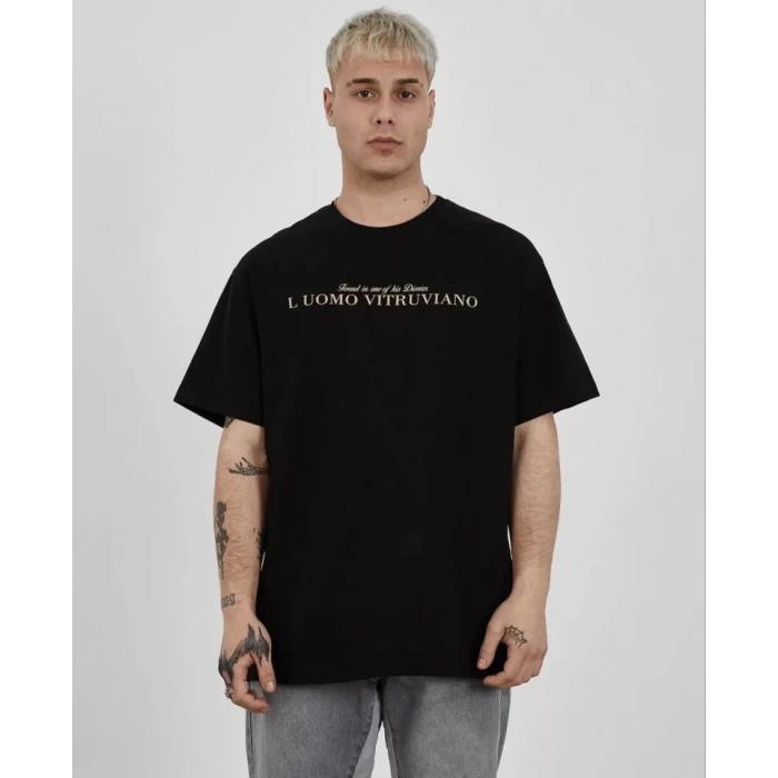 Biçomi Unisex Bisiklet Yaka Baskılı Oversize T-Shirt - Siyah