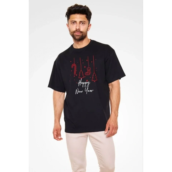 Biçomi Unisex Bisiklet Yaka Baskılı Oversize T-Shirt - Siyah
