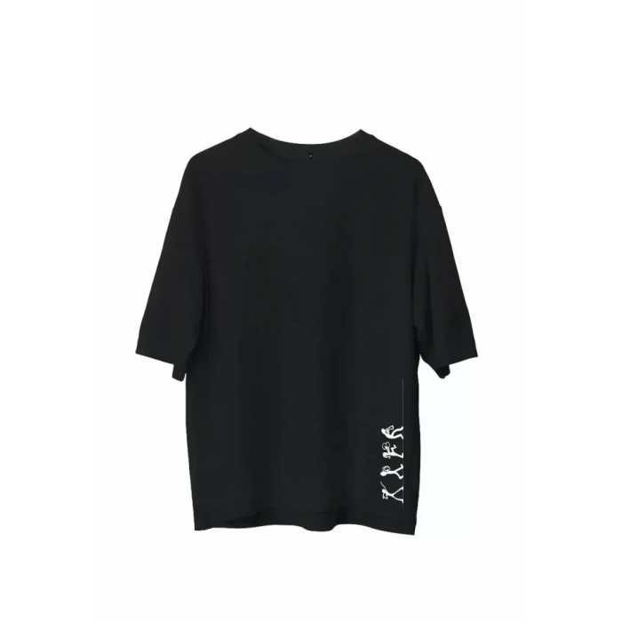 Biçomi Unisex Bisiklet Yaka Baskılı Oversize T-Shirt - Siyah