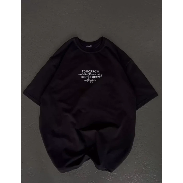 Biçomi Unisex Bisiklet Yaka Baskılı Oversize T-Shirt - Siyah