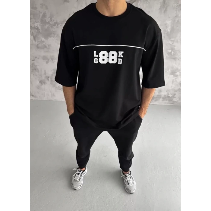 Biçomi Unisex Bisiklet Yaka Baskılı Oversize T-Shirt - Siyah