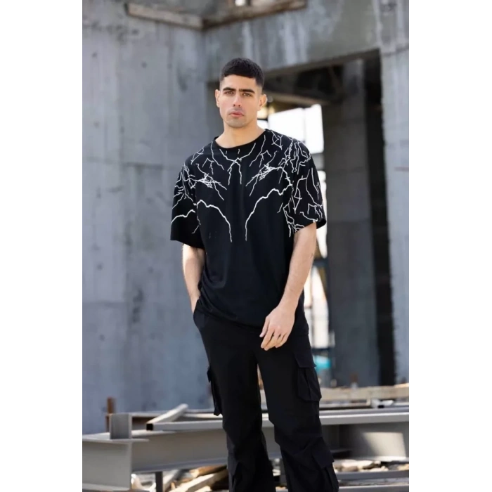 Biçomi Unisex Bisiklet Yaka Baskılı Oversize T-Shirt - Siyah
