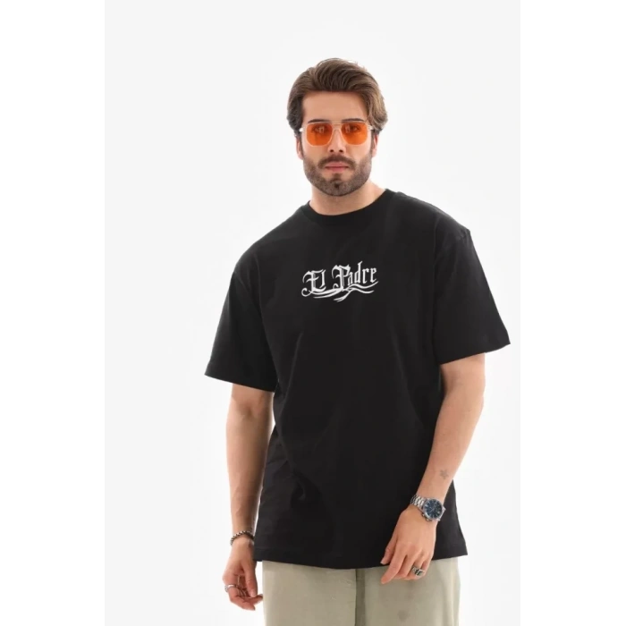 Biçomi Unisex Bisiklet Yaka Baskılı Oversize T-Shirt - Siyah