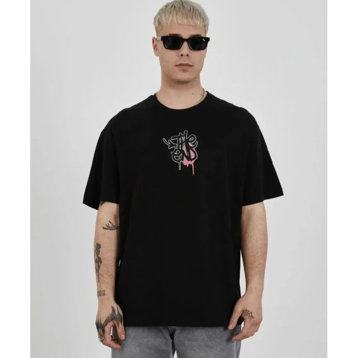 Biçomi Unisex Bisiklet Yaka Baskılı Oversize T-Shirt - Siyah
