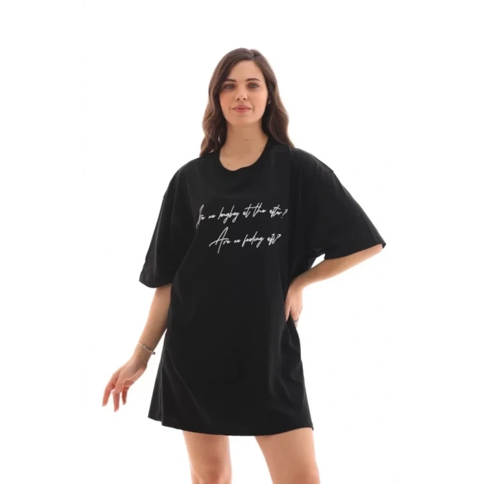 Biçomi Unisex Bisiklet Yaka Baskılı Oversize T-Shirt - Siyah