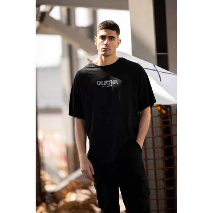 Biçomi Unisex Bisiklet Yaka Baskılı Oversize T-Shirt - Siyah