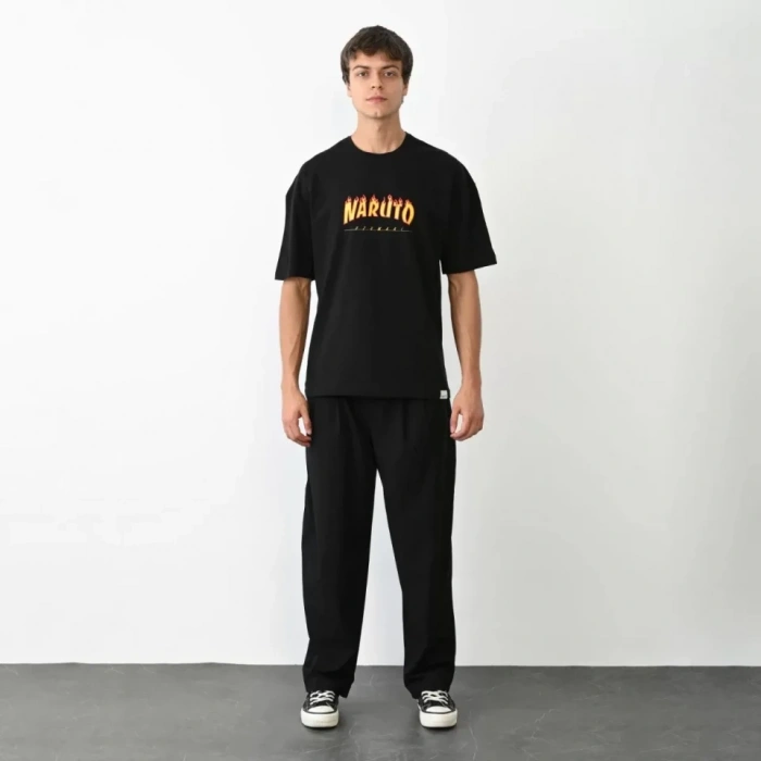 Biçomi Unisex Bisiklet Yaka Baskılı Oversize T-Shirt - Siyah