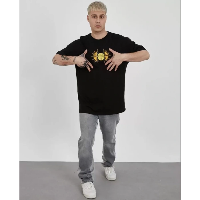 Biçomi Unisex Bisiklet Yaka Baskılı Oversize T-Shirt - Siyah