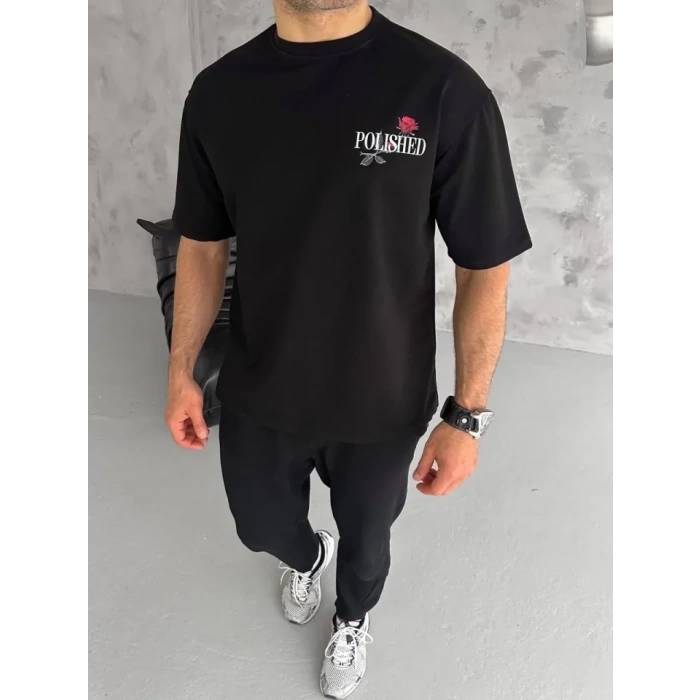 Biçomi Unisex Bisiklet Yaka Baskılı Oversize T-Shirt - Siyah
